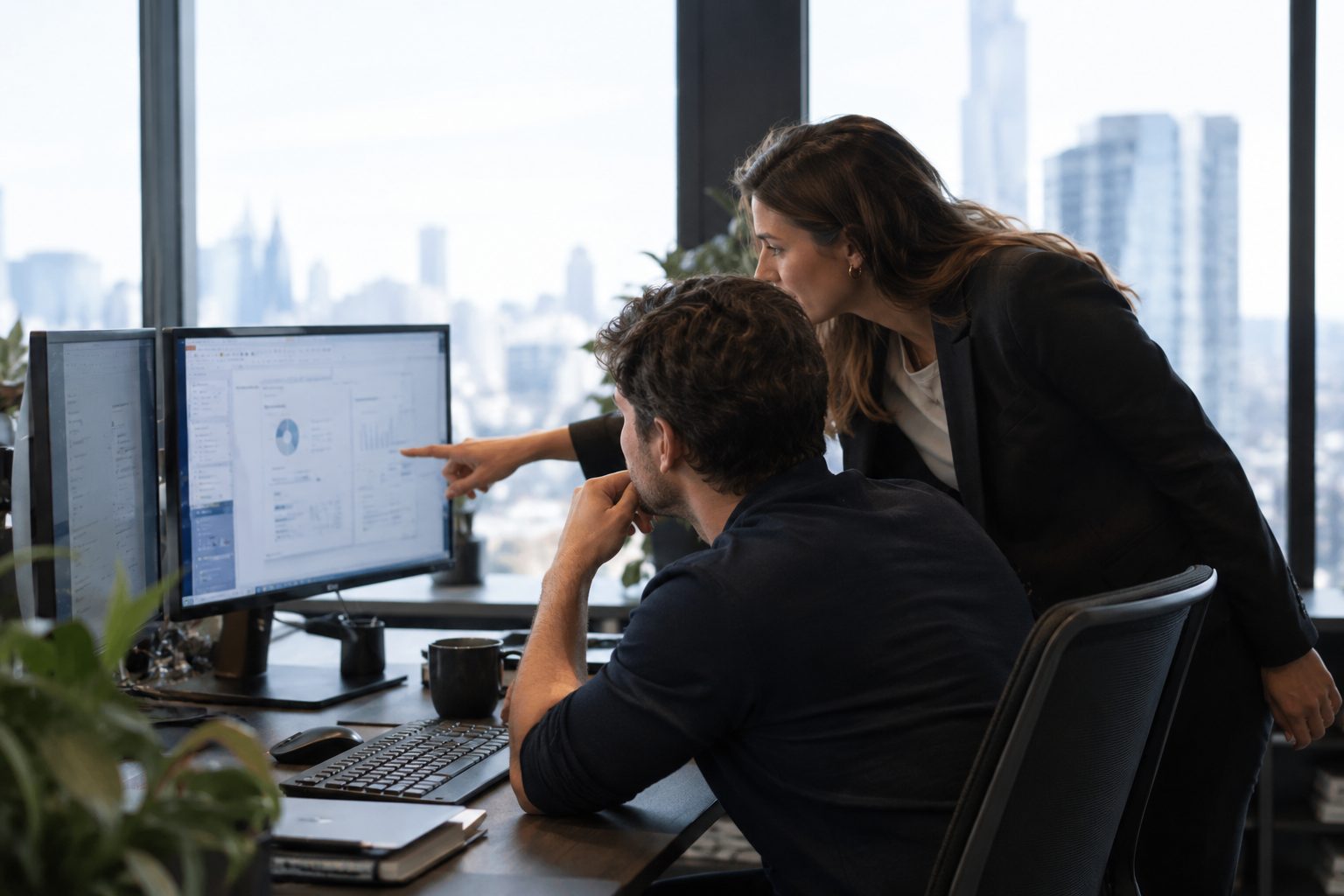 Two Moritz Wealth specialists reviewing a model on screen