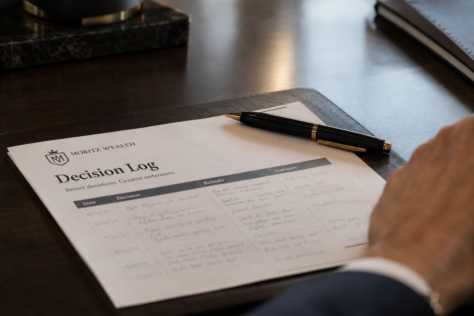 A Moritz Wealth decision log on the desk
