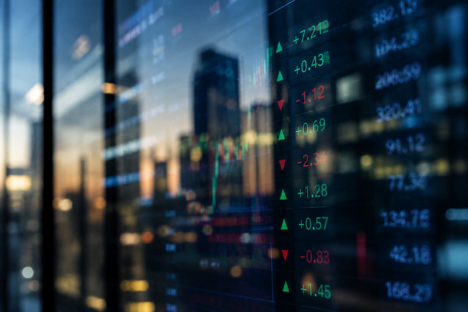 Market data reflected in an office window at dusk